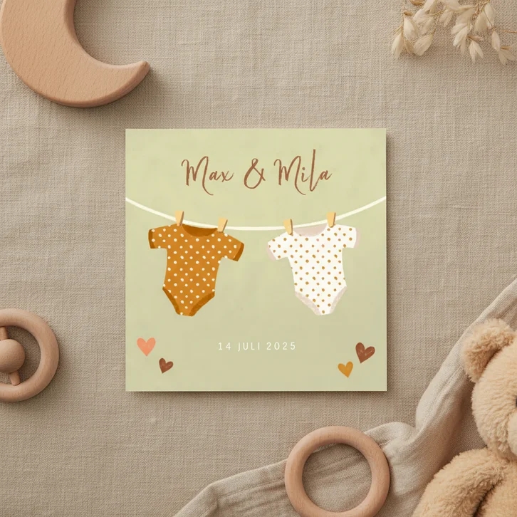 Geboortekaartje tweeling met rompertjes 