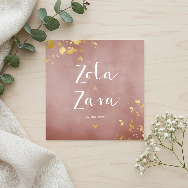 Geboortekaartje tweeling oudroze waterverf gouden spetters