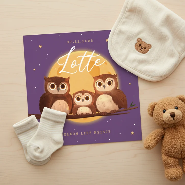 Geboortekaartje uiltje maan winter sterren schattig gezin