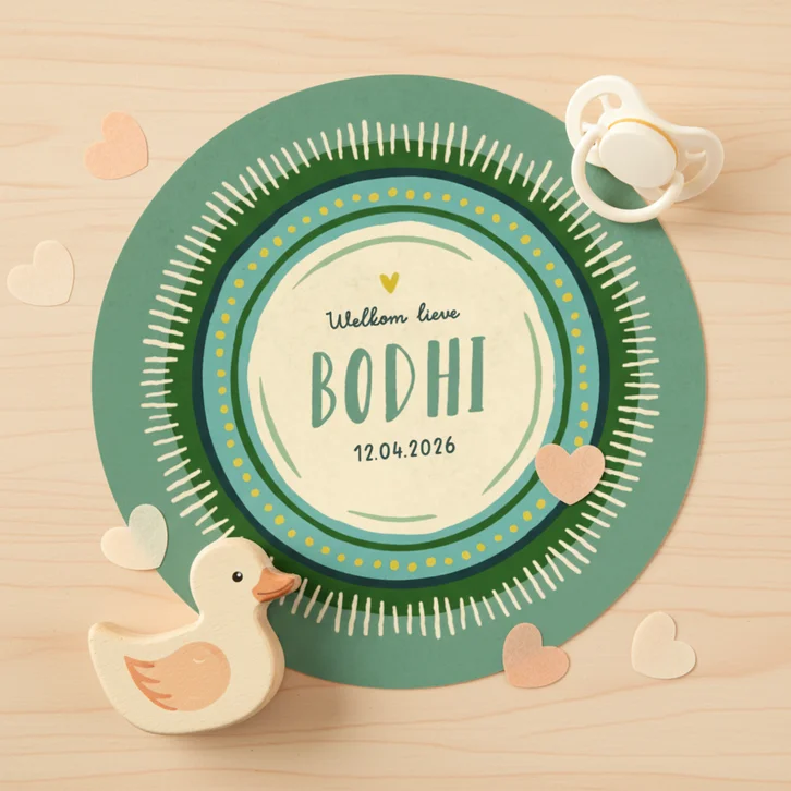 Geboortekaartje uniek bohemian in cirkelvorm groen kader