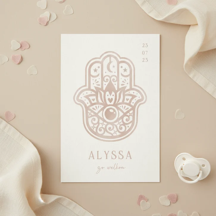 Geboortekaartje uniseks Hamsa hand - natuurlijk religieus