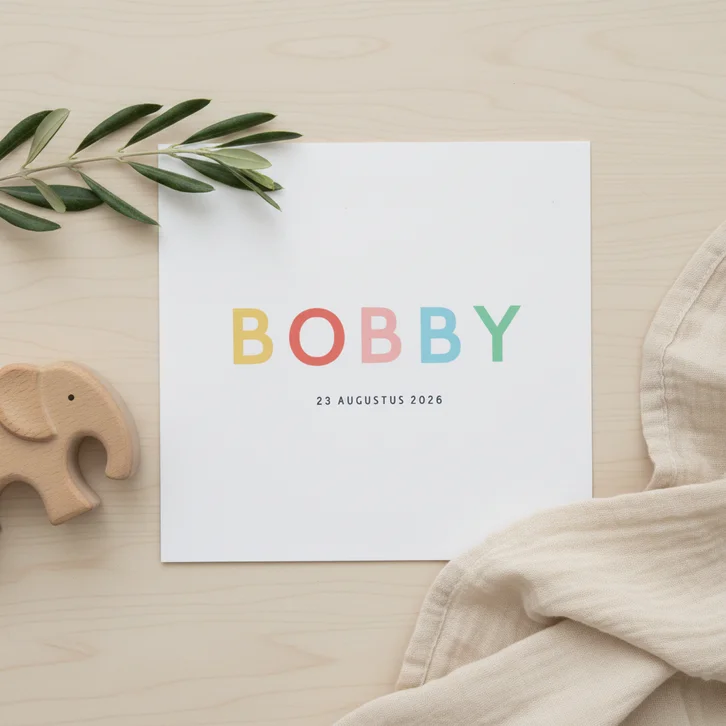 Geboortekaartje uniseks met gekleurde regenboog letters
