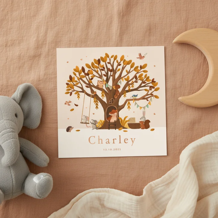 Geboortekaartje unisex boom bosdieren wiegje hartjes herfst