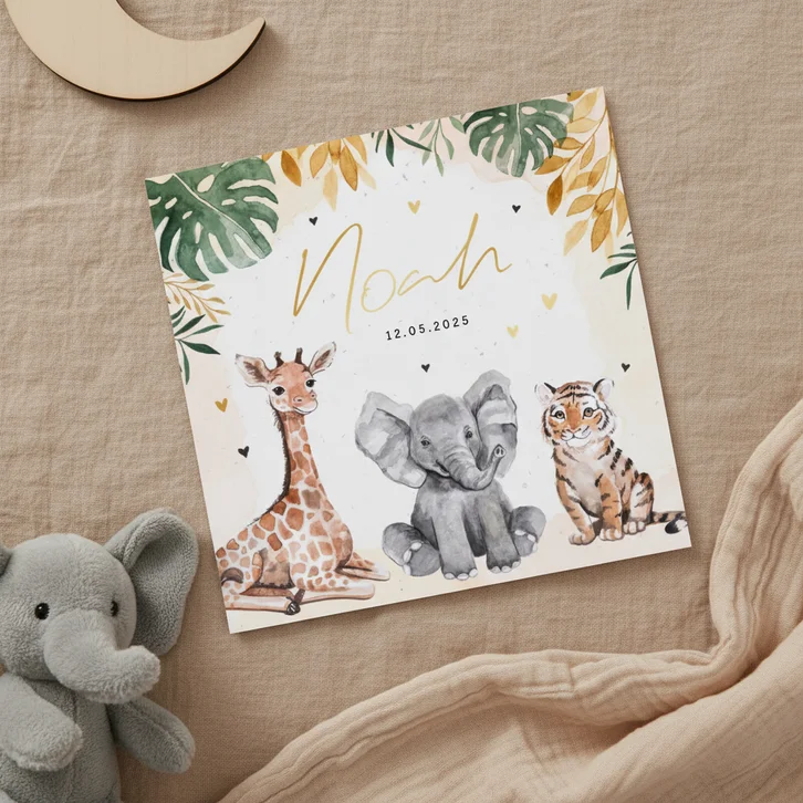 Geboortekaartje unisex dieren jungle giraf olifant tijger