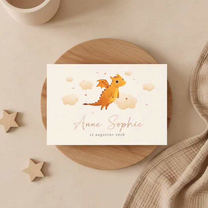 Geboortekaartje unisex draakje wolkje hartjes koper