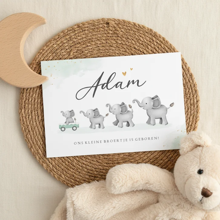 Geboortekaartje unisex goud waterverf olifantjes groot gezin