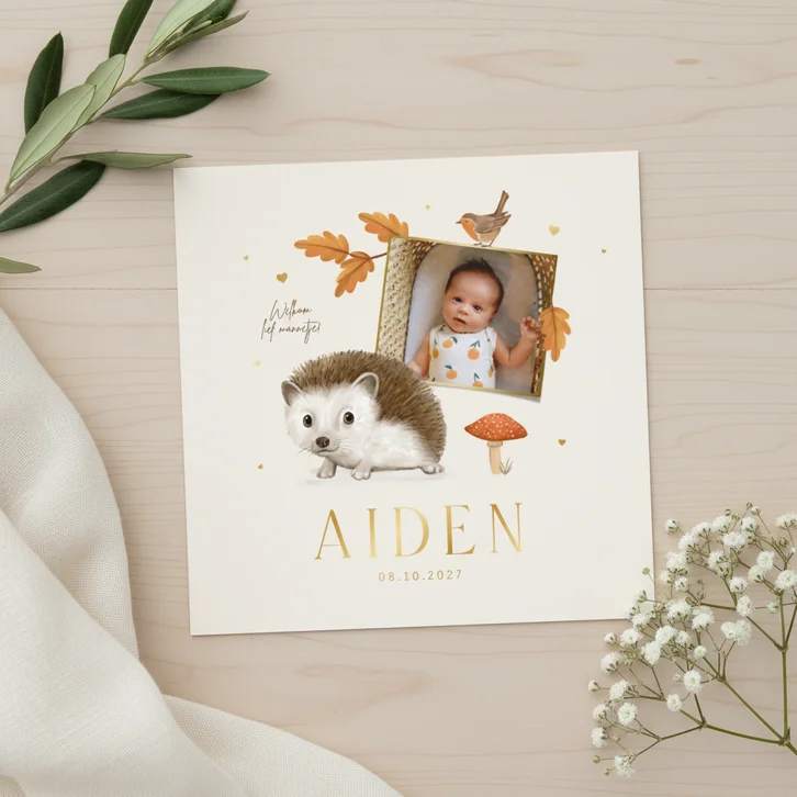 Geboortekaartje unisex herfst dieren egel vogel roodborstje