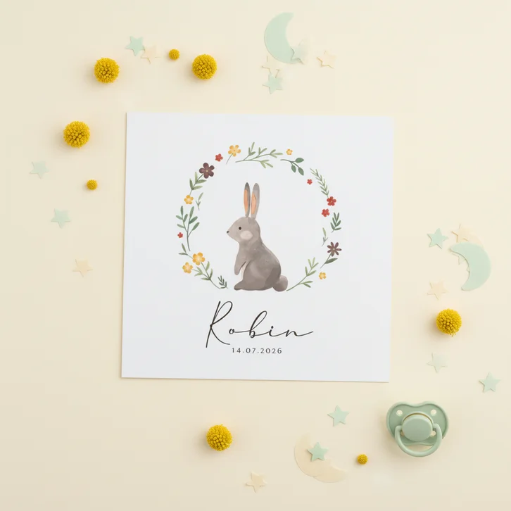 Geboortekaartje unisex konijn lente bloemen lief vogel