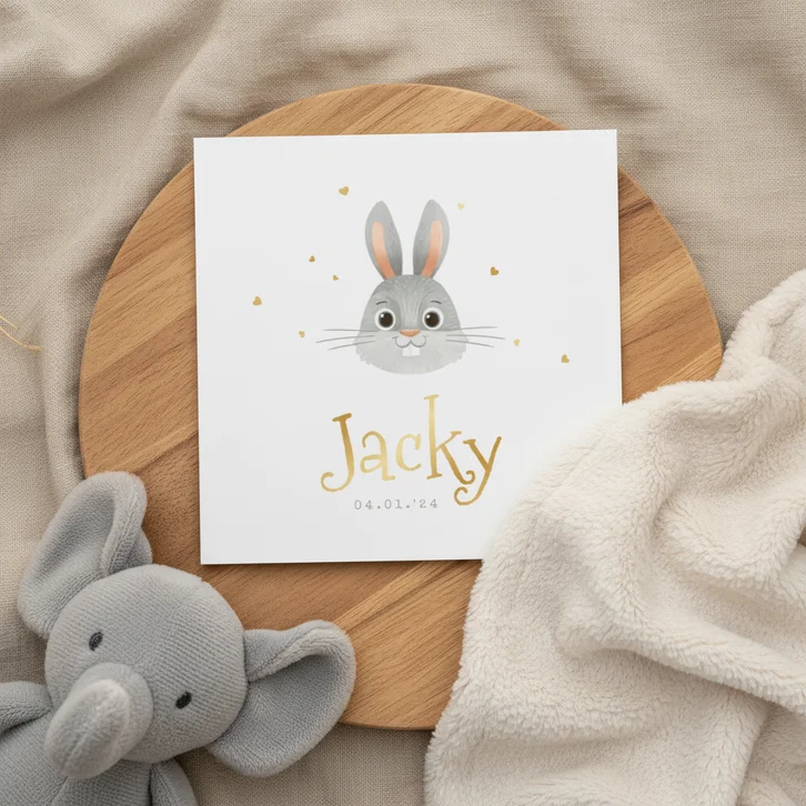 Geboortekaartje unisex konijn lente hartjes goud