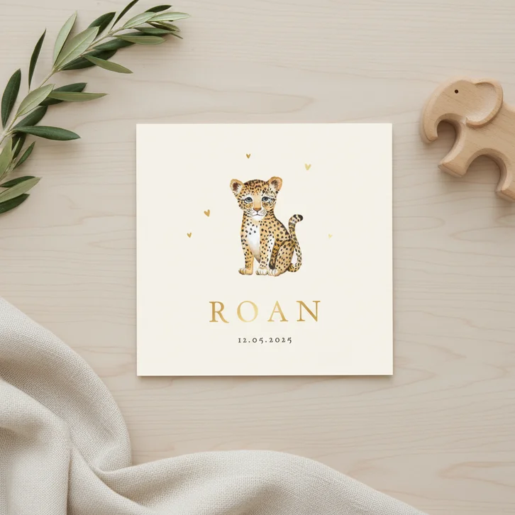 Geboortekaartje unisex luipaard waterverf dieren hartjes