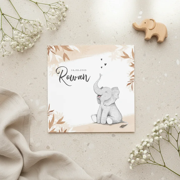 Geboortekaartje unisex olifant trend waterverf hartjes