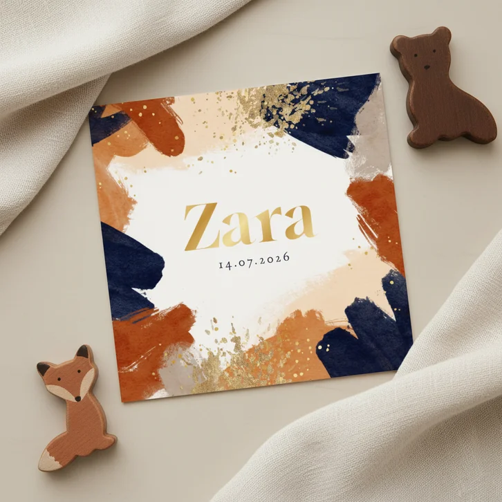 Geboortekaartje unisex verf goud koper blauw