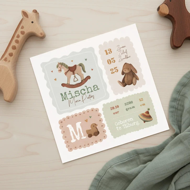 Geboortekaartje unisex vintage baby speelgoed kaders