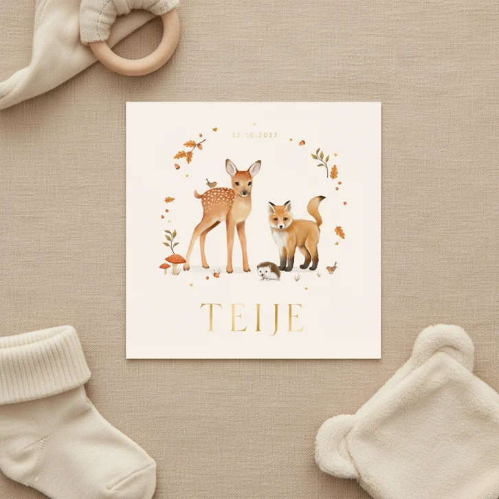 Geboortekaartje unisex vos egel vogel hert herfst fries