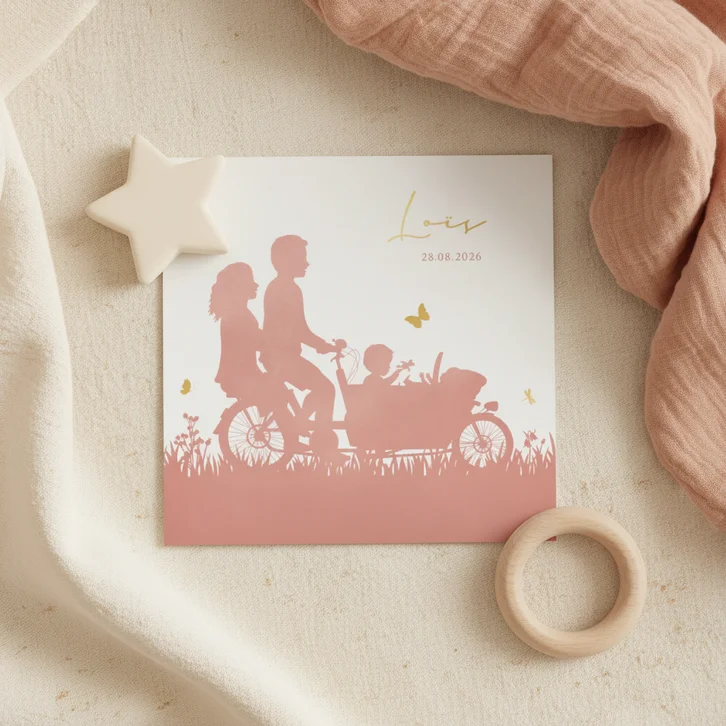 Geboortekaartje van bakfiets met broer en babyzusje