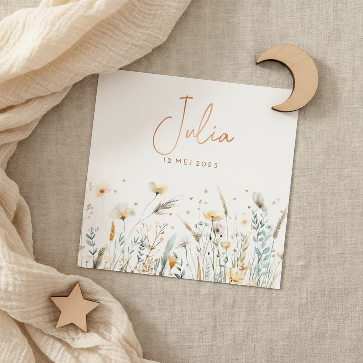 Geboortekaartje veldbloemen met hartjes