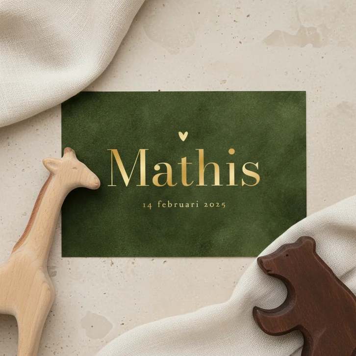 Geboortekaartje velvet groen natuurlijk hartje goud