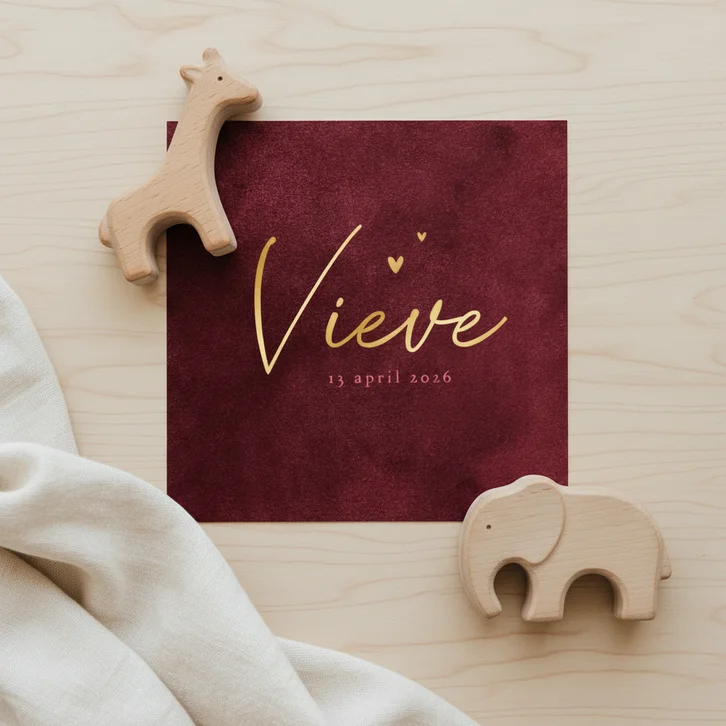 Geboortekaartje velvet look robijn rood hartje goud