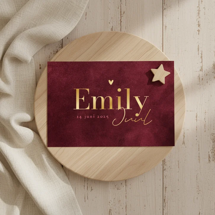 Geboortekaartje velvet robijn roze natuurlijk hartje goud