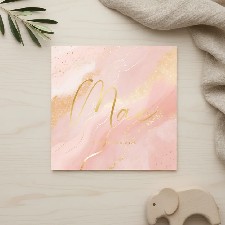 Geboortekaartje vierkant roze marmer met goud meisje