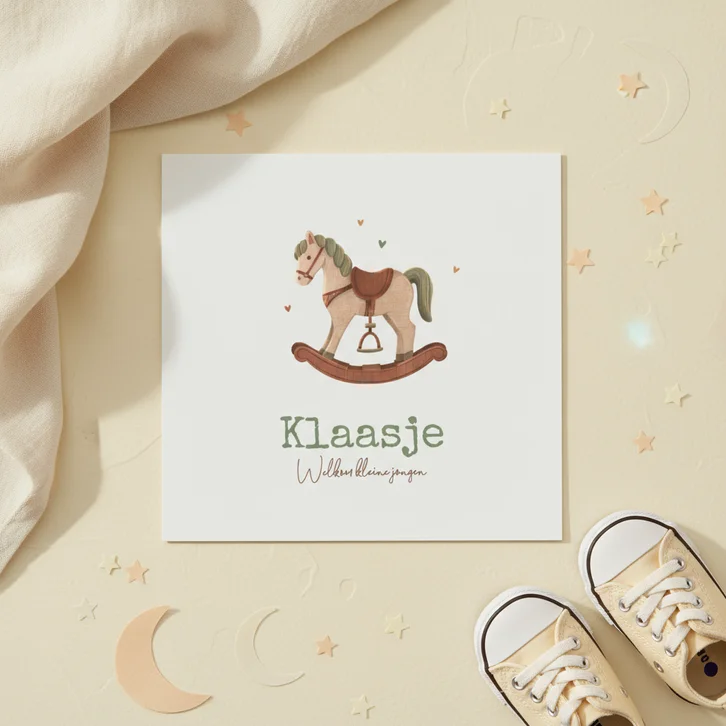 Geboortekaartje vintage hobbelpaard speelgoed hip