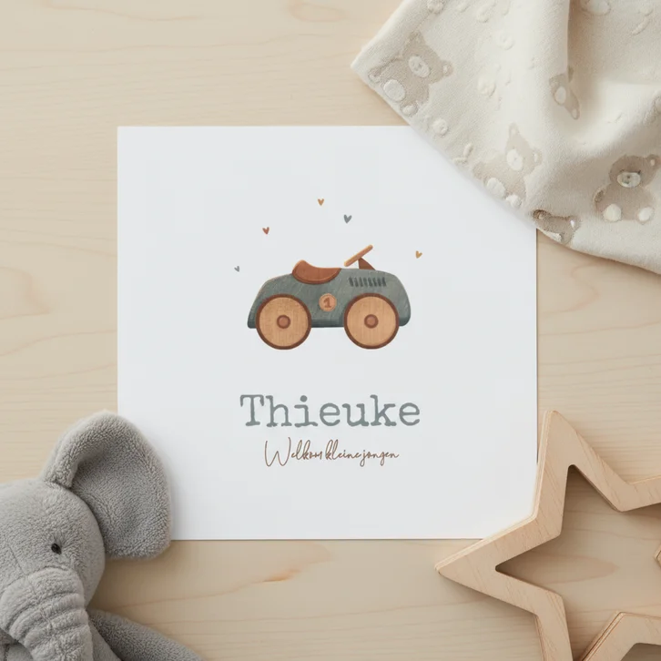 Geboortekaartje vintage jongen auto speelgoed