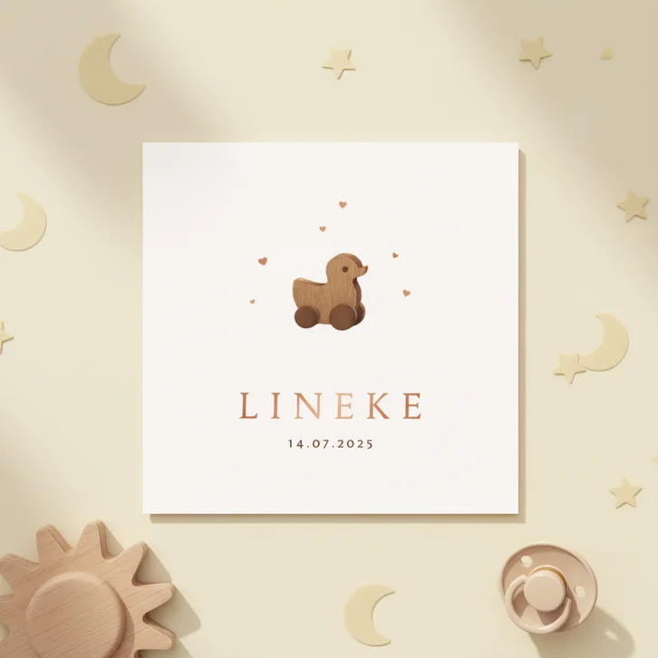 Geboortekaartje vintage loopeend speelgoed hout hartjes