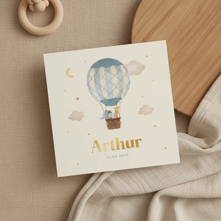 Geboortekaartje vintage luchtballon dieren sterren wolkjes
