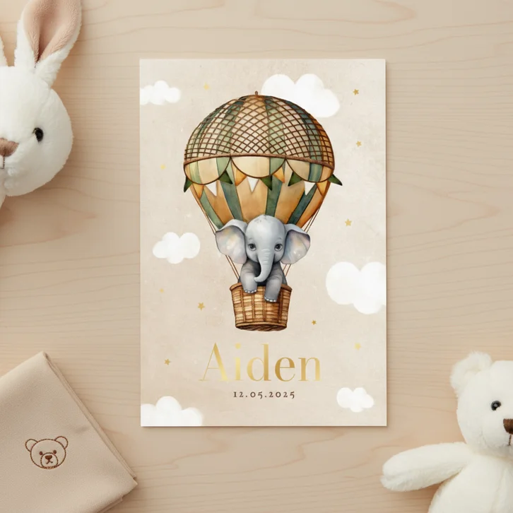 Geboortekaartje vintage luchtballon olifantje wolken sterren