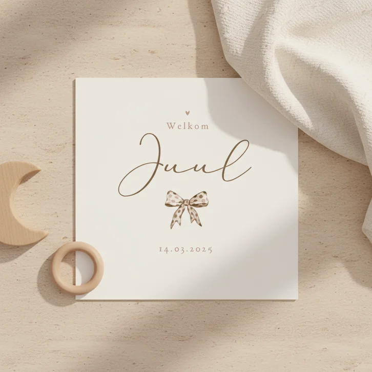 Geboortekaartje vintage strikje stipjes beige zandkleur