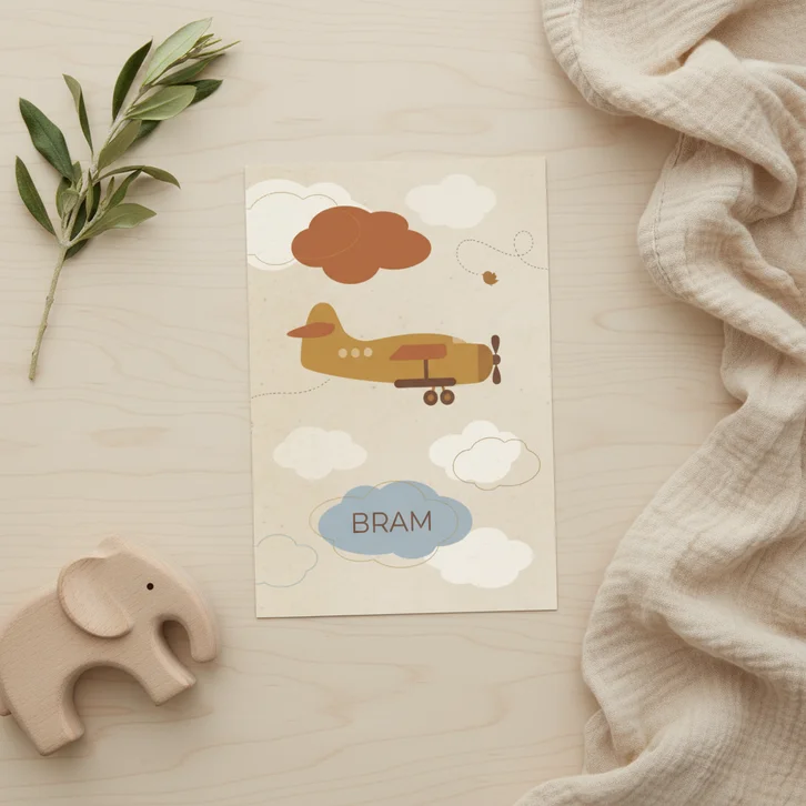 Geboortekaartje vliegtuig okergeel