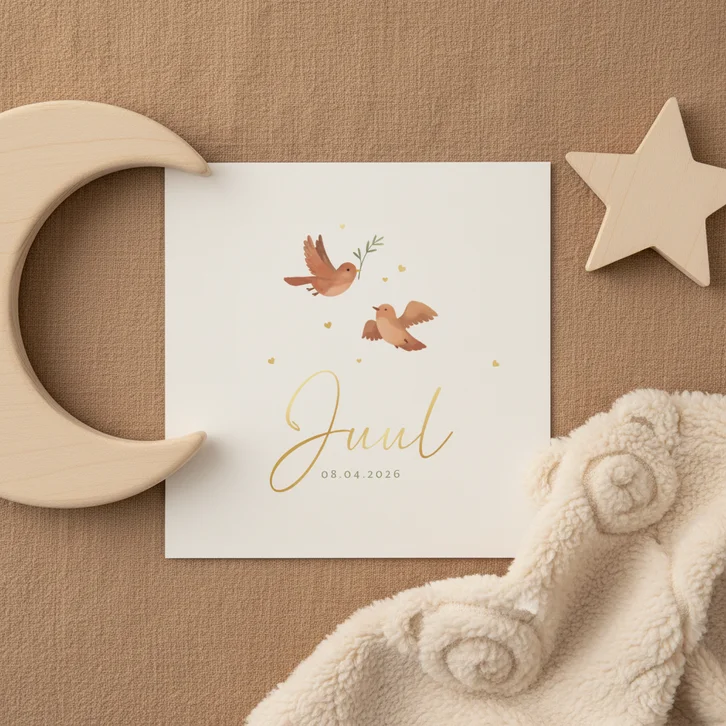 Geboortekaartje vogeltjes dieren hartjes goud lief 