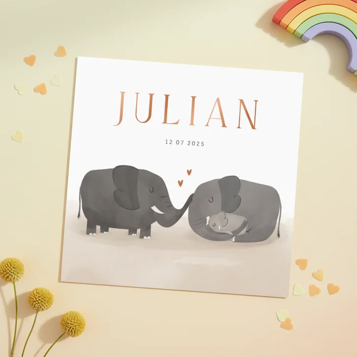 Geboortekaartje volwassen olifanten met baby koperfolie