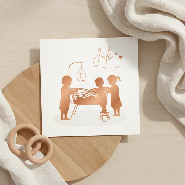 Geboortekaartje voor een 4e kindje met silhouet van wieg
