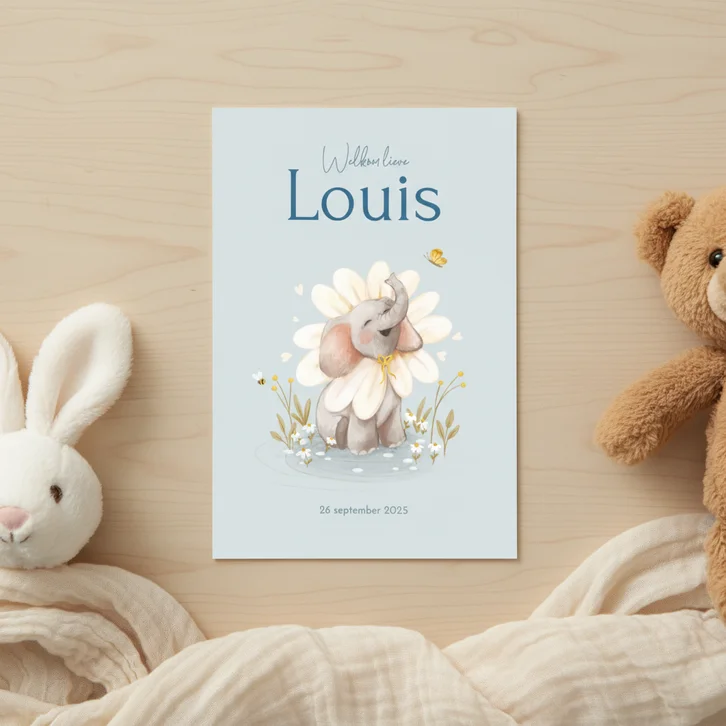 Geboortekaartje voor een jongen met een vrolijk olifantje