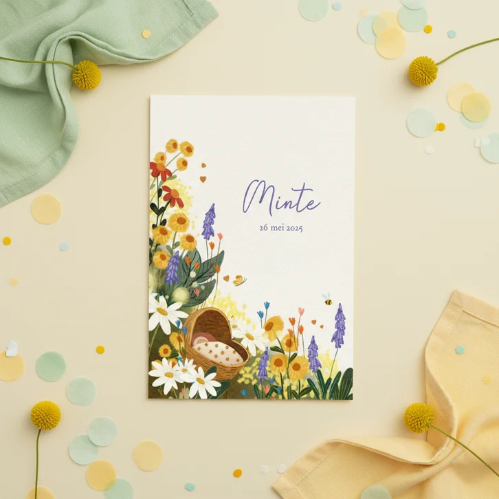 Geboortekaartje voor een meisje met bloemen en een wiegje