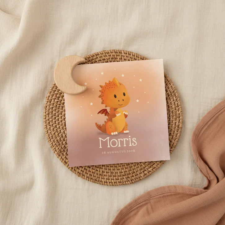 Geboortekaartje voor jongen met oranje draak illustratie