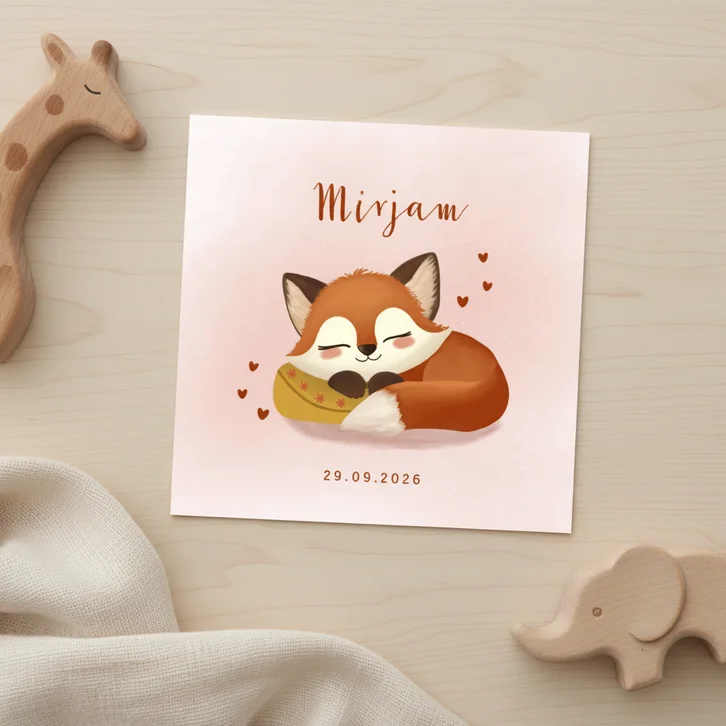 Geboortekaartje voor meisje met lief slapend vosje