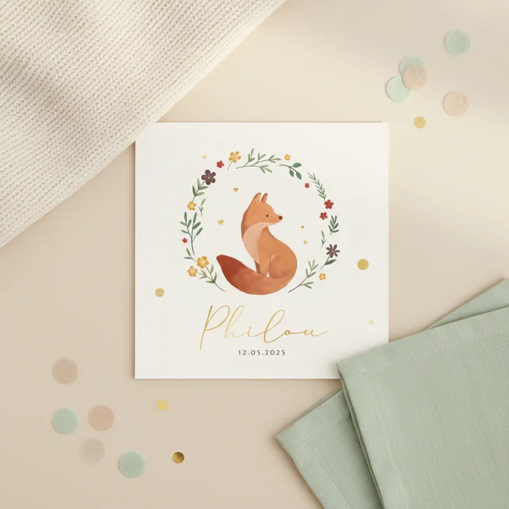 Geboortekaartje vos bloemen vogel lief lente