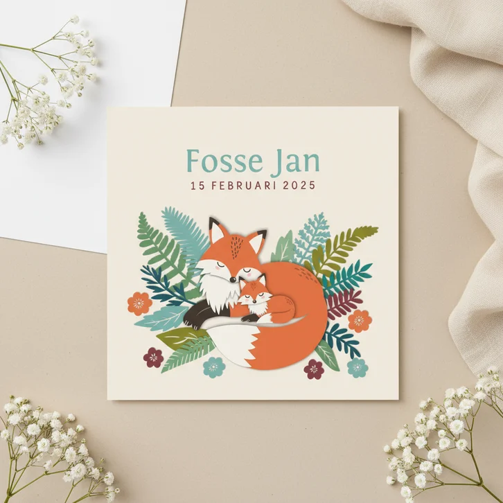 Geboortekaartje vos slaapt met baby jongen