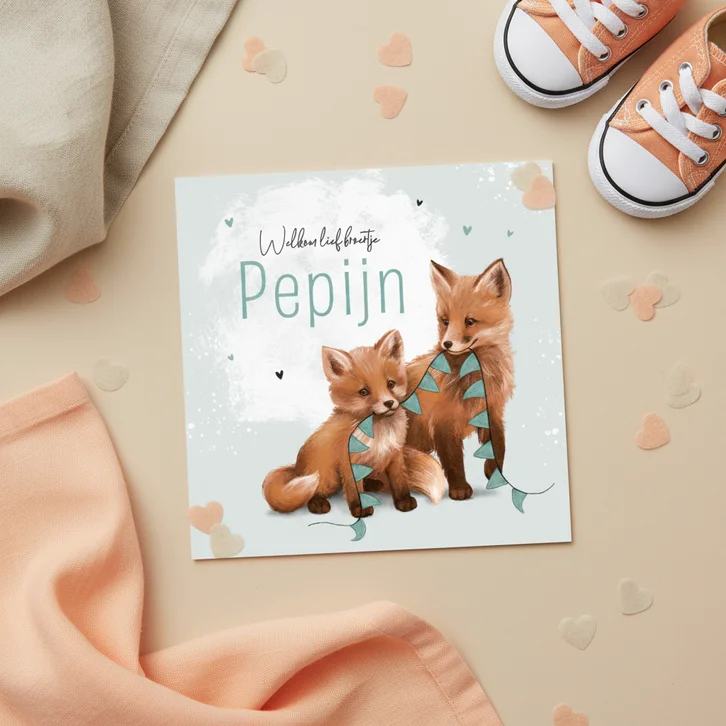 Geboortekaartje vosje broertje vlaggetjes dieren verf