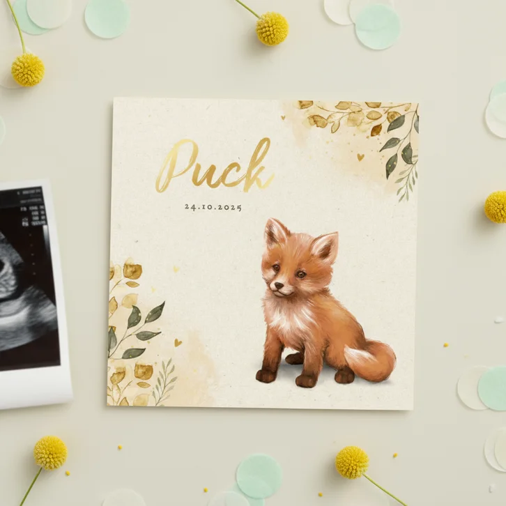 Geboortekaartje vosje herfst lief bladeren goud hartjes