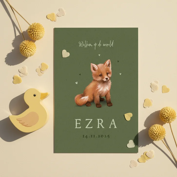Geboortekaartje vosje stoer papier hartjes
