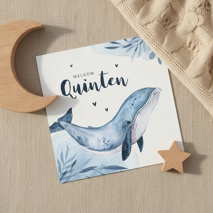 Geboortekaartje walvis blauw water hartjes waterverf