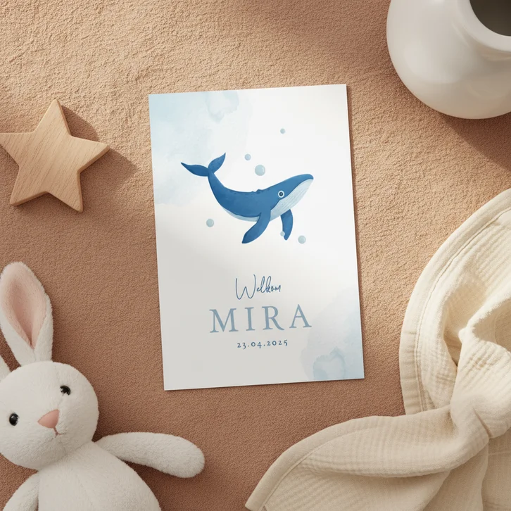 Geboortekaartje walvis waterverf bubbels schattig