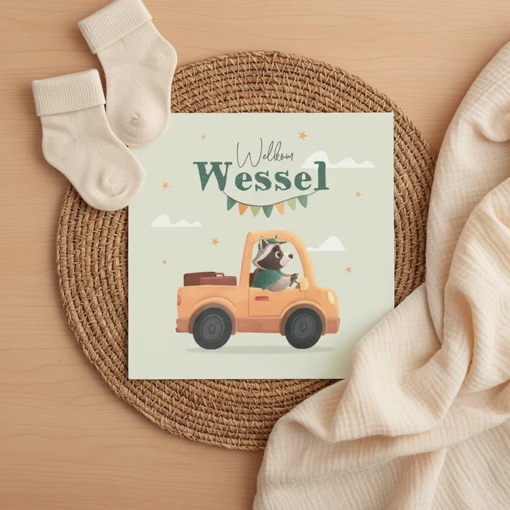 Geboortekaartje wasbeer auto stoer lief slinger wolken ster