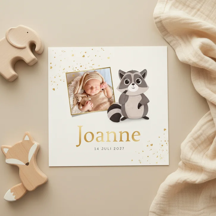 Geboortekaartje wasbeertje foto goud hartjes unisex