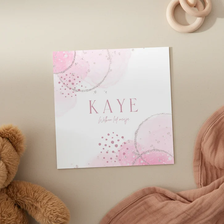 Geboortekaartje waterverf glitterlook zilver roze meisje