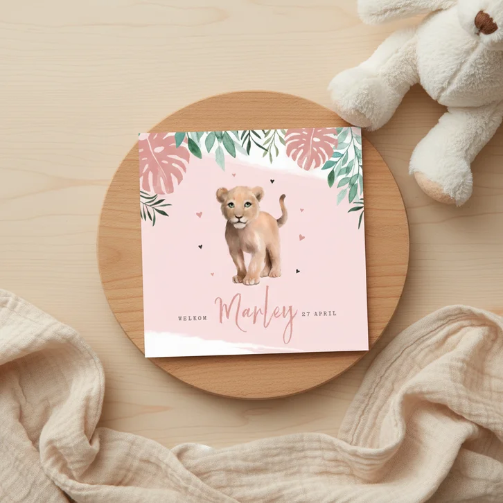 Geboortekaartje waterverf leeuwtje jungle botanisch meisje