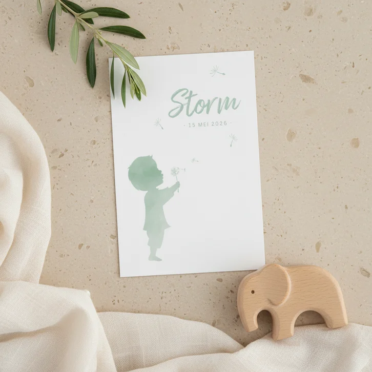 Geboortekaartje waterverf silhouet jongen met paardenbloem